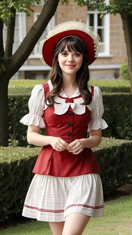 Zooey Deschanel dressed in sexy Belgian traditional clothes and smiling