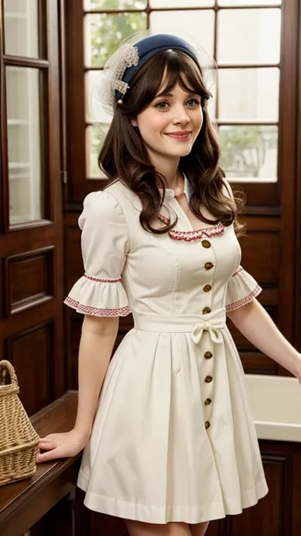 Zooey Deschanel dressed in sexy Belgian traditional clothes and smiling