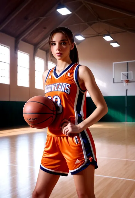 a cute woman in a flattering basketball outfit, playing basketball in an empty gymnasium, detailed face and body, realistic, high quality, 8k, photorealistic, professional lighting, dynamic pose, athletic, sporty, fit, healthy, glowing skin, beautiful eyes...