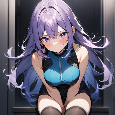 1 girl,Solo,long and shot hair,masterpiece, best quality, very aesthetic, absurdres,arms,face,hands,purple and blue,two tone color,v_arms,breasts,hand_between_legs