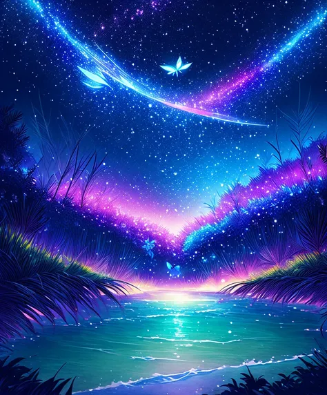 cute girl characters、iridescent grass々drawing a butterfly flying over the water, looking up at the starry sky. surround her with...