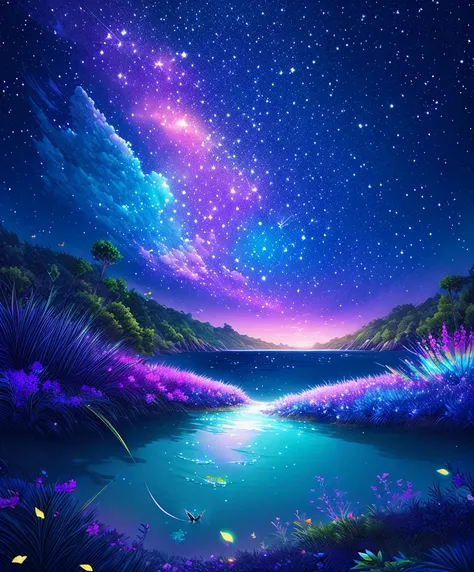 cute girl characters、iridescent grass々drawing a butterfly flying over the water, looking up at the starry sky. surround her with...