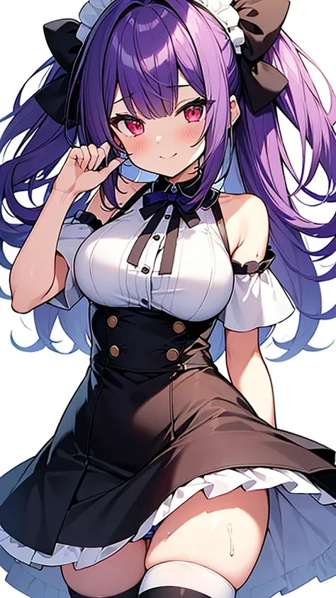 最high quality, high quality, Super detailed, 32k, Ultra-detailed details, Sister and maid, ( 立ってる, pretty girl, beautiful purple hair, ショートヘア, Beautiful RED eyes, Big Breasts, A light smile, Red eyes, Off-the-shoulder sleeveless Summer clothes, Summer casu...