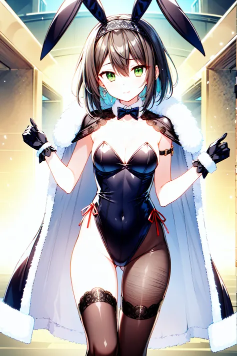 masterpiece, best quality, ultra-detailed, illustration, warm lighting, bright colors, 1girl,solo, short hair, black hair, green eyes, elizabeth_pendragon,

alternate_costume, animal_ears, black_bow, black_bowtie, black_hairband, bow, bowtie, cape, cleavag...