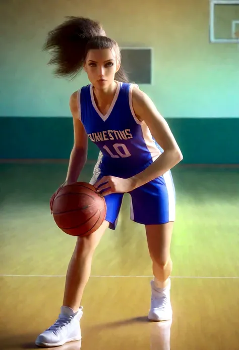 a cute woman in a flattering basketball outfit, playing basketball in an empty gymnasium, detailed face and body, realistic, high quality, 8k, photorealistic, professional lighting, dynamic pose, athletic, sporty, fit, healthy, glowing skin, beautiful eyes...