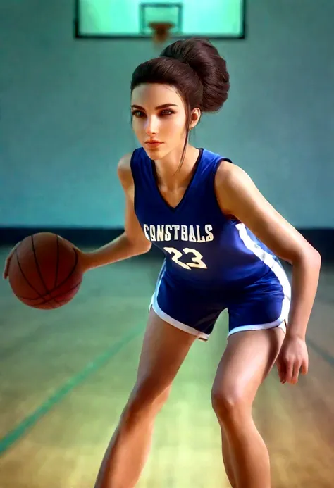 a cute woman in a flattering basketball outfit, playing basketball in an empty gymnasium, detailed face and body, realistic, high quality, 8k, photorealistic, professional lighting, dynamic pose, athletic, sporty, fit, healthy, glowing skin, beautiful eyes...