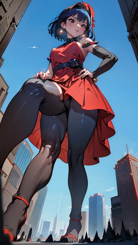 Captivating giantess in a sultry red dress, with raven-black hair and ice-blue eyes, strides through a futuristic landscape, her footsteps leaving destruction in their wake. She gazes down at the minuscule people with a mixture of amusement and contempt. G...