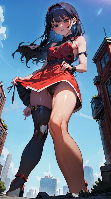 Captivating giantess in a sultry red dress, with raven-black hair and ice-blue eyes, strides through a futuristic landscape, her footsteps leaving destruction in their wake. She gazes down at the minuscule people with a mixture of amusement and contempt. G...