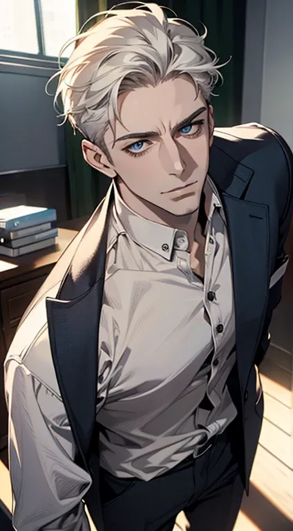 (best quality,4k,8k,highres,masterpiece:1.2),ultra-detailed,(realistic,photorealistic,photo-realistic:1.37),1 man,31 years old,mature man,very handsome,without expression,smile,short white hair,blue eyes,penetrating gaze,perfect face without errors,imposin...