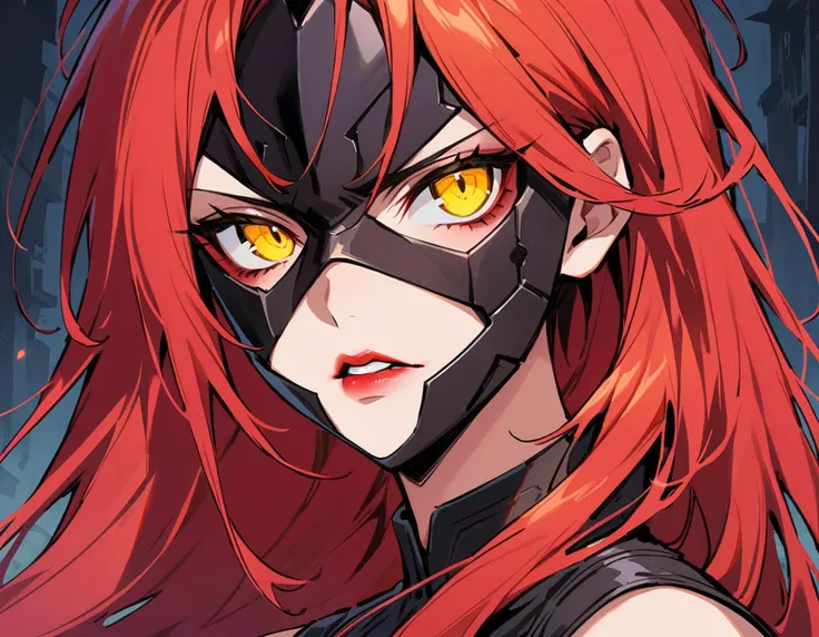 Long red hair, yellow eyes, evil, sexy, black and red clothes, cute hairstyle, evil face, evil, serious look, black face mask, gloss lips, sinister, front look, bloody, gloves, close up, portrait, beautiful eyes, short dress, big white, dark place, night, ...