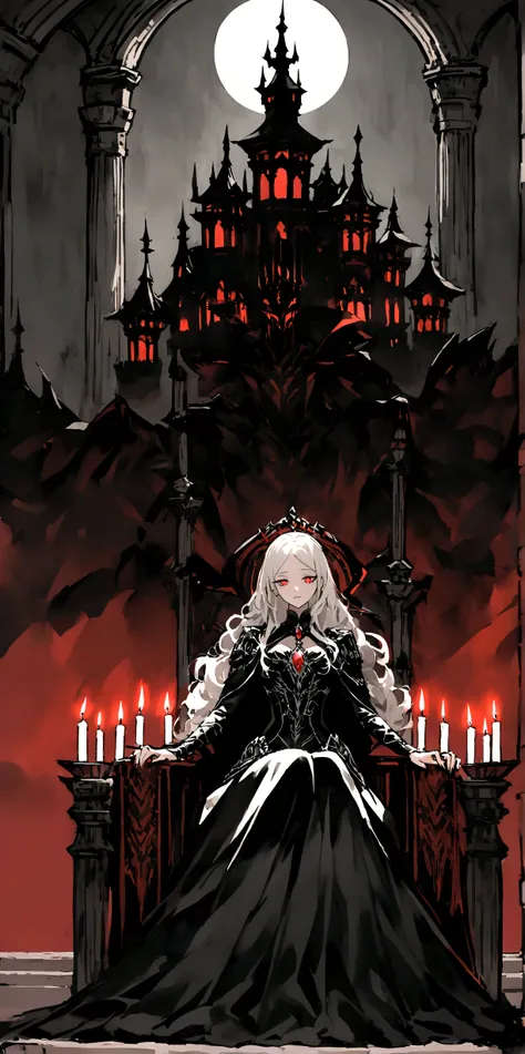 Lilith is sitting on her throne in the main hall of the palace, surrounded by an aura of mystery and supernatural power. Her snow-white hair falls in soft waves over her shoulders., contrasting dramatically with her pale, flawless skin. Your eyes are deep ...