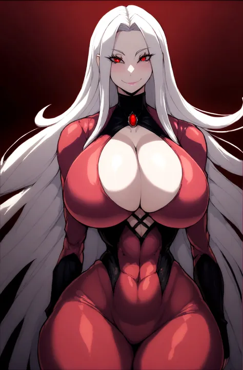 girl, (huge breasts size 170 cm), (narrow waist), Powerful woman, by white, big butt, beautiful face, fine features, Red eyes, SMILE, evil, psychopath