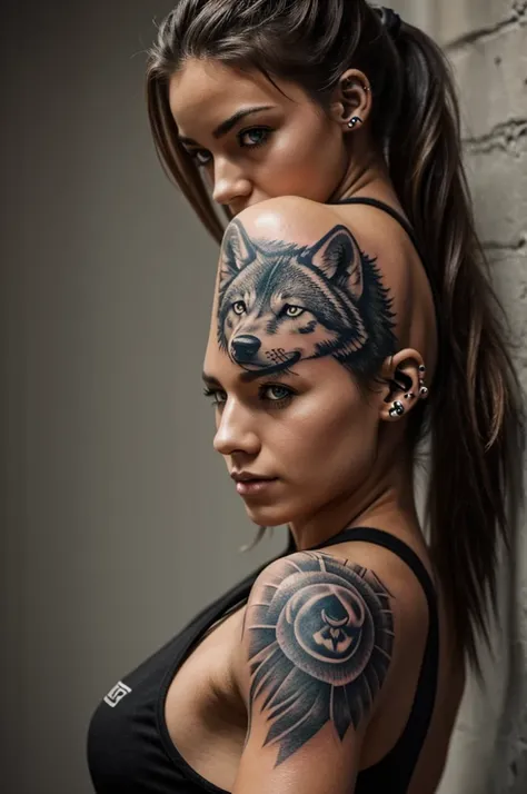 A muscular average girl with a wolf tattoo on her shoulder and piercing in her ear  