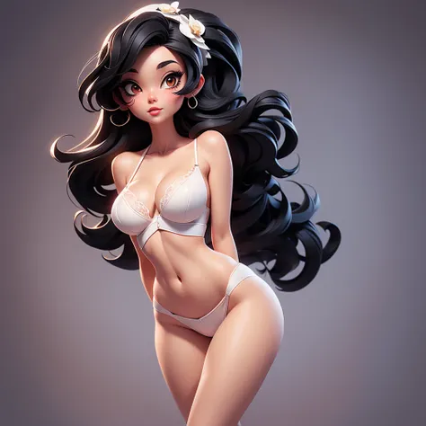  A sexy cartoon woman in white lingerie posing gracefully for a photo, sexy lingerie beauty, wavy black hair, lingerie, inverted triangle body type, Waist slender, cebelos black sexy girl, mulher de corpo inteiro, wearing sexy lingerie, beautiful seductive...