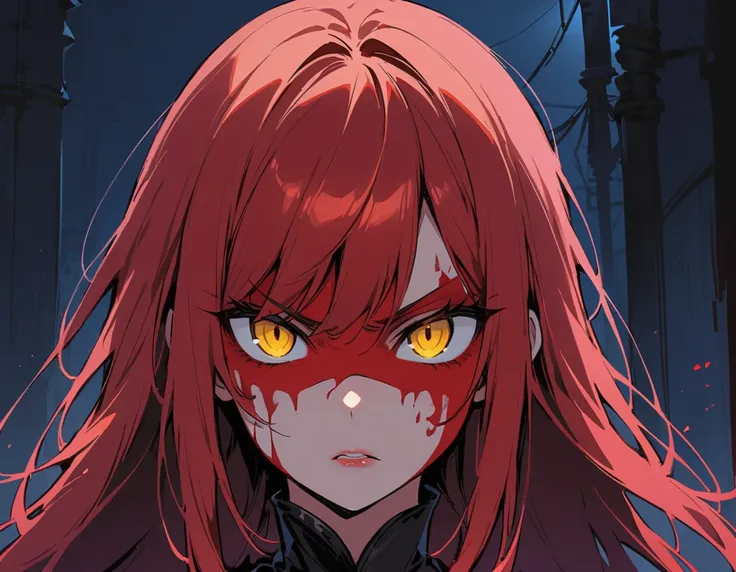 Long red hair, yellow eyes, evil, sexy, black and red clothes, cute hairstyle, evil face, evil, serious look, red face mask, gloss lips, sinister, front look, bloody, gloves, close up, portrait, beautiful eyes, short dress, big white, dark place, night, se...