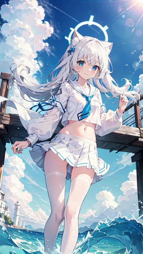 Sailor Suit，Navel，girl，White pantyhose，White hair，Long hair，Cat ear，Heterochromia blue-yellow，Smile，Female face，There are bright spots in the eyes，White little hands，Normal fingers，flat chest，Standing on the sea，Blue ring halo，White skirt，Blue tie