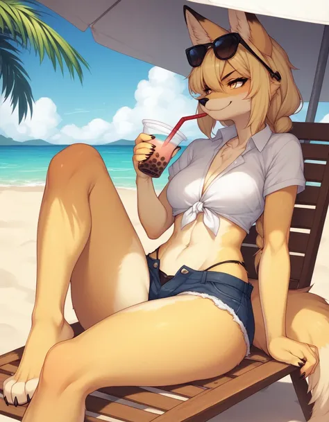 Solo, Score_9, score_8_up, score_7_up, kemono style, Kimiko, An Anthro furry fox girl, yellow furry body, yellow fox tail , black nose, blonde hair, braided hair, wearing blue daisy dukes, a tied white shirt, visible thong, sunglasses, sunglasses covering ...