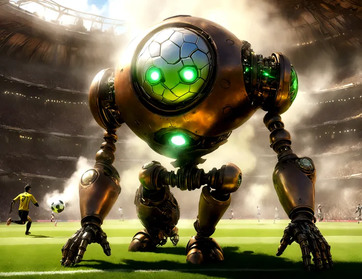 Android soccer, steam punk, (dapper tuxedo themed androids, obviously mechanical, steam vents, lit eyes) play soccer in a well lit packed stadium, teams have different color schemes
