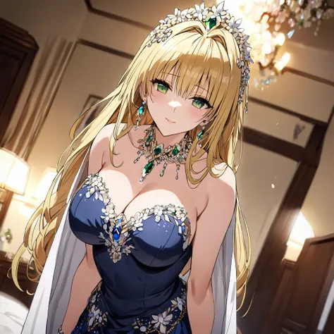 ((Highest quality)), ((masterpiece)), (detailed), （Perfect Face）、The woman is Tiare, has green eyes, medium-long blonde hair, and is wearing an engagement ring.、The woman is wearing a gorgeous, dazzlingly jeweled Victorian dress, a gorgeous see-through cap...