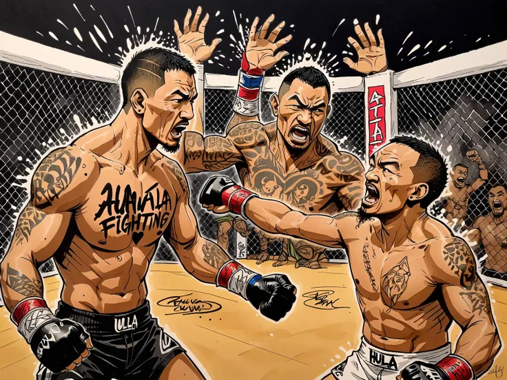 Max Blessed Holloway, ink and pen illustration, hand drawn splash panel, portrait, cel shading, strength, "I hope you guys are cheering for something", Puʻuwai, craftsmanship nuance, battle tested, heart of a fighter, cage fighting champion, Ulaula, kumu, ...