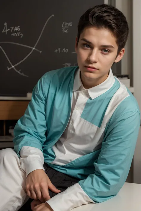 A beautiful young male twink with black hair and a face with make-up on it. He has a white face and he is wearing a white long-sleeved shirt with a tight fit and aqua blue pants. He is in his scientific office and behind him is a blackboard on which is wri...