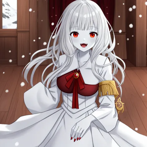 masterpiece、Highest quality，High resolution，snow-white skin、Pure white hair、Vampire Iino Miko、Red eyes、Pure white skin、Red nails、In uniform、Pure white hairの毛、In uniformで立っている、Height 180cm or more、Big body、Fangs growing