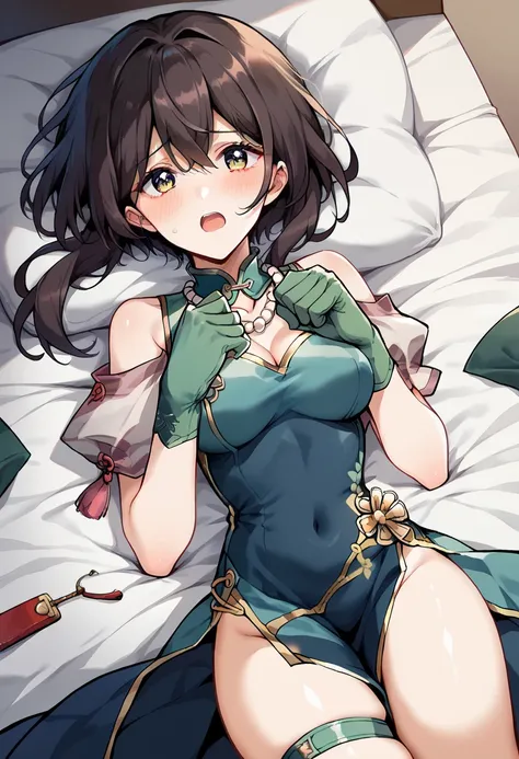 1 Girl, ruan mei (Collapse: Star Trails), Solitary, cheongsam, Green gloves, Hair accessories, Separate collar, necklace, Thigh straps, carpet, lie, bed sheet, Looking at the audience, , blush, Open your mouth, hands Direction_9, Fraction_8_Direction_7_up