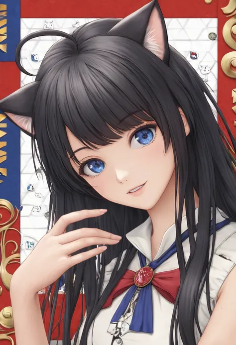 detailed background, masterpiece, best quality, cat tatsuna, Dark blue eyes, black hair, ahoge, bangs, big ,