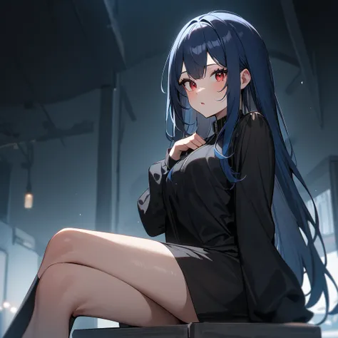 1 girl,Solo,(blue hair),black hair,red eyes,long hair,Tsurime,Curvy,best quality, very aesthetic, absurdres,straight,masterpiece, best quality, very aesthetic, absurdres,v arms,Thighs