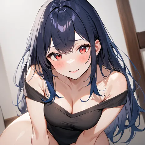 1 girl,Solo,(blue hair),black hair,red eyes,long hair,Tsurime,Curvy,best quality, very aesthetic, absurdres,straight,masterpiece, best quality, very aesthetic, absurdres,v arms,Thighs