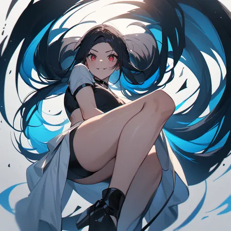 1 girl,Solo,(blue hair),black hair,red eyes,long hair,Tsurime,Curvy,best quality, very aesthetic, absurdres,straight,masterpiece, best quality, very aesthetic, absurdres,v arms,Thighs