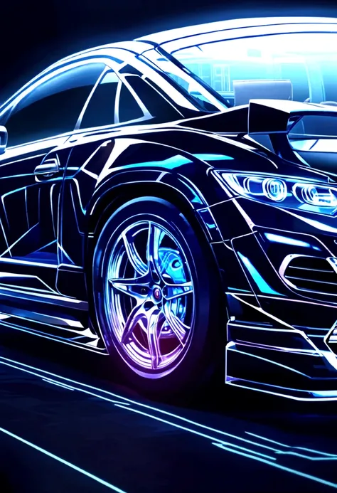 virtual glowing translucent holographic wireframe of a car, black background
