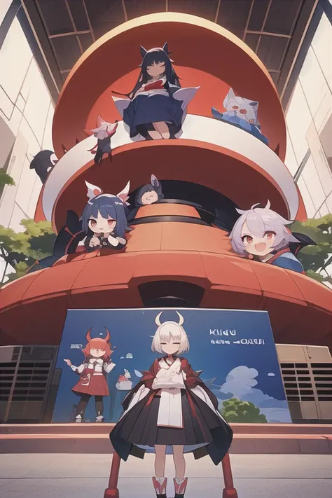 Cartoon characters taking photos in front of a giant red object, onmyoji, WLOP and Sakimi-chan, Zerochan Art, from East, commission, East, nixeu and sakimichan, by Kamaguruka, Obscene, mika kurai demon, The Detailed Art of the Onmyoji