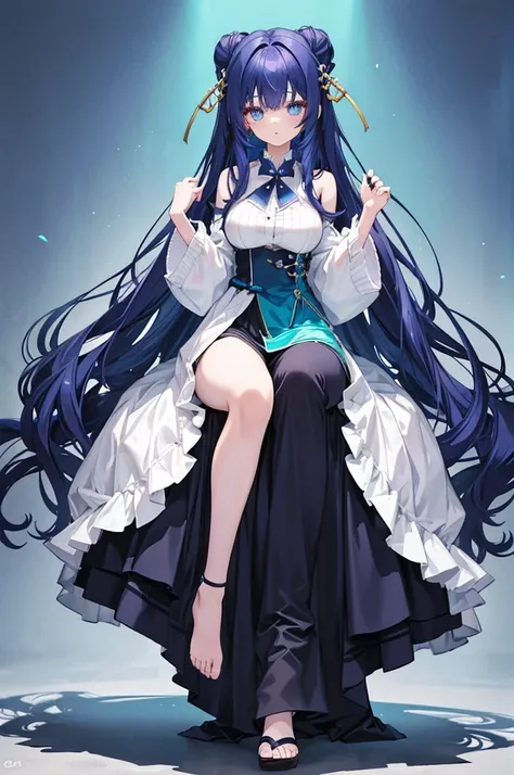 Her hair is a gradation of dark blue and dark green。17-year-old girl、Anime Style、Fantasy、A little bit of fancy clothing、Bust 86cm、height: 172cm、Weight 51 kg、Full body painting、Generate from the top of the head to the soles of the feet