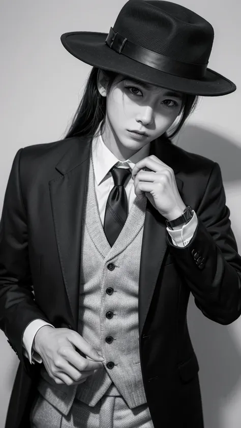 Make me an 80s style black and white image with mc ig dressed in a suit and tie and a hat