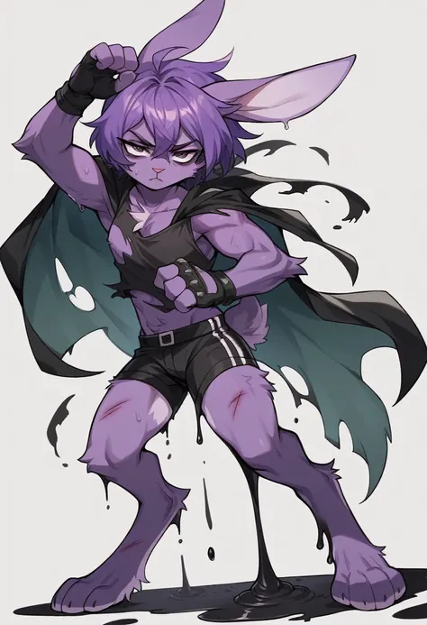 create a picture of a female half rabbit character  with purple giant rabbit digitigrade legs with white paws, put purple rabbit ears on top of her head, make her wearing a black athletic tank top and black shorts, put purple fur on her arms from her elbow...