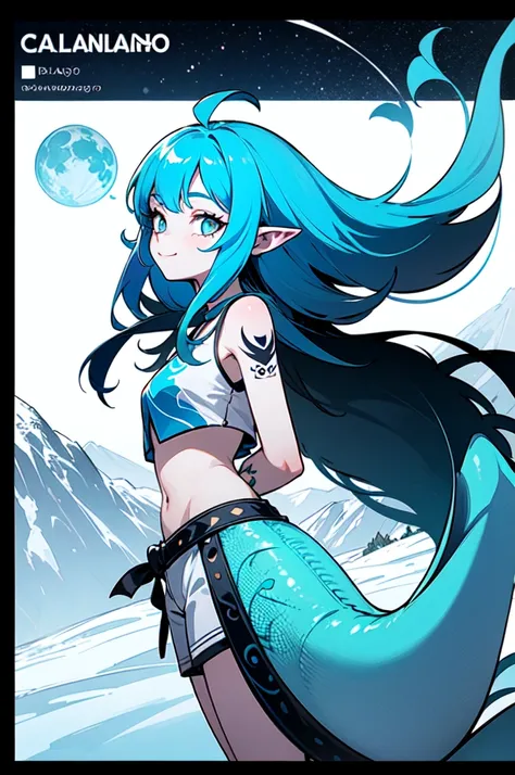 1girl, solo, cyan hair, light blue hair, very long hair, grey eyes, small breasts, crop top, white top, navel, white shorts, (lizard tail, calango tail:1.3), pointy ears, ((blue tattoos, tattoos all over her body, just blue tattoos please)), standing, smil...