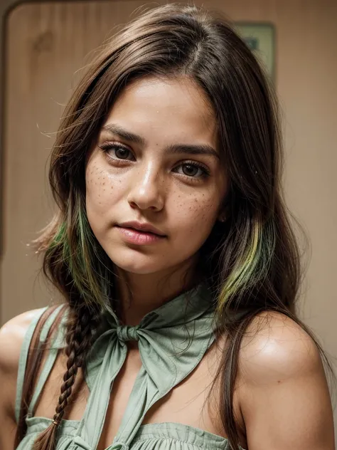 [[((young attractive Mexican woman with green streaks in her plaited hair, very light, barely visible cute freckles on her cheeks, and distinctive light brown eyes:1.5)), ((Martina Sánchez:1.4)), standing against a plain white background in a close-up, sho...