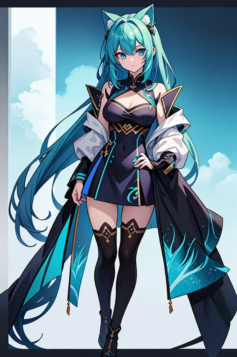 Her hair is a gradation of dark blue and dark green。17-year-old girl、Anime Style、Fantasy、Wear low-exposure clothing、Bust 86cm、height: 172cm、Weight 51 kg、Full body painting、Generate from the top of the head to the soles of the feet
