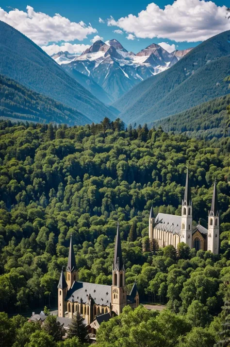 Colony cathedral with a background of forest and mountains has a beautiful town in Victorian times 