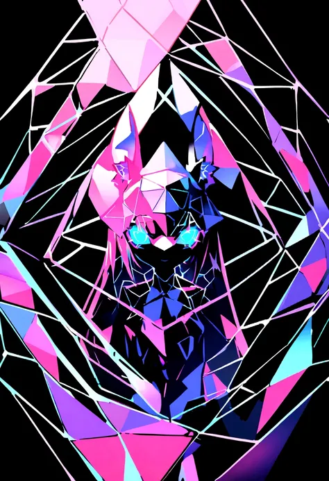 virtual glowing translucent holographic wireframe of a web of polygons making up a catgirl, black background, beach background, abstract polygon fractals
