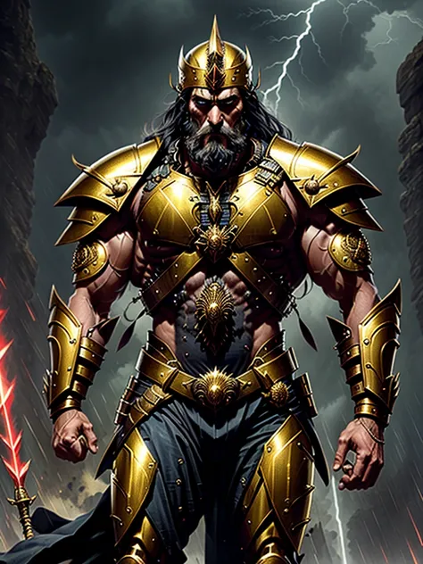 God Marduk, Sumerian god, a warrior man, white skin, long black hair, fierce gaze, golden eyes, wears a red vest, is muscular, black pants, a mix of ancient armor and Babylonian ceremonial clothing, with gold and navy blue motifs , and a belt with Mesopota...