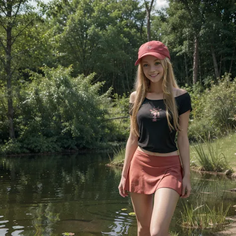 Masterpiece, Best Quality, high resolution, in a small lake, background vegetation, 1 girl, alone, blue eyes, long hair, blonde color, exhausted look, smiling, serena (pokemon), pink hat, black shirt, bare shoulders, Red skirt, bare legs stretched and apar...