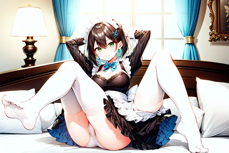 masterpiece, best quality, ultra-detailed, illustration, warm lighting, bright colors, 1girl,solo, short hair, black hair, green eyes, elizabeth_pendragon, hair_between_eyes, 1girl, no_shoes, breasts, thighhighs, solo, green_eyes, white_thighhighs, panties...