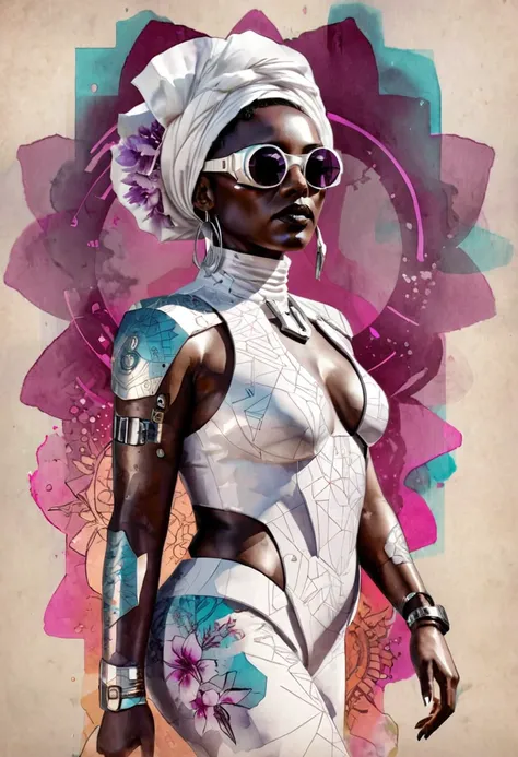 "Full body, water colors, ink drawing, beautiful cyberpunk Sudanese woman, wearing smart digital sunglasses,  floral background, geometric, in the style of Afrofuturism