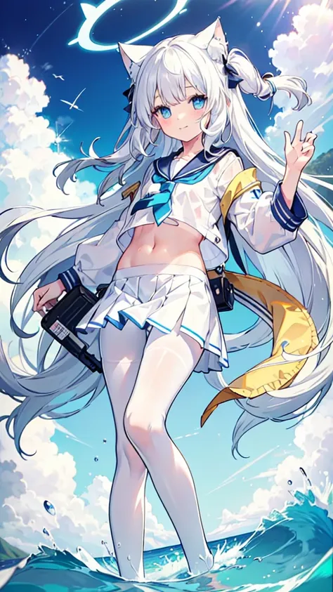 Sailor Suit，Navel，girl，White pantyhose，White hair，Long hair，Cat ear，Heterochromia blue-yellow，Smile，Female face，There are bright spots in the eyes，White little hands，Normal fingers，flat chest，Standing on the sea，Blue ring halo，White skirt，Blue tie