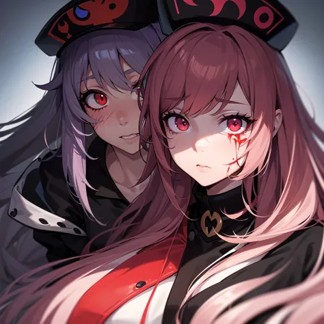 A close-up portrait of a person with blood-stained face, wearing a hat, gapmoe yandere, gapmoe yandere grimdark, demon anime girl with glowing red eyes, tall anime monster girl, (anime girl), Junko Enoshima, portrait of gapmoe yandere grimdark, clothes and...