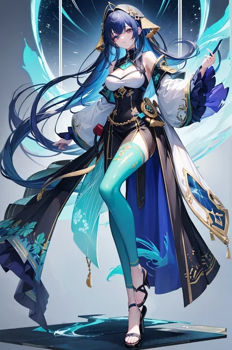 Her hair is a gradation of dark blue and dark green。17-year-old girl、Anime Style、Fantasy、Wear low-exposure clothing、Bust 86cm、height: 172cm、Weight 51 kg、Full body painting、Generate from the top of the head to the soles of the feet