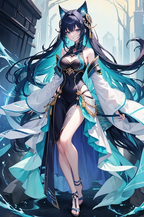 Her hair is a gradation of dark blue and dark green。17-year-old girl、Anime Style、Fantasy、Wear low-exposure clothing、Bust 86cm、height: 172cm、Weight 51 kg、Full body painting、Generate from the top of the head to the soles of the feet