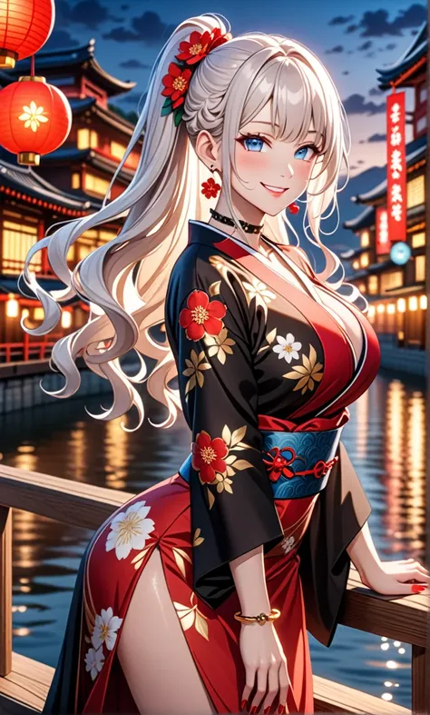 ultra-detailed, ((one girl)), ((a girl with white hair wearing a black kimono)),  hyper detailed, absurdres, 8K, Beautiful Face, (Laugh shyly), ((teasing smile:1.8)), ((Wink:1.8)), (Laugh with your mouth wide open),(Tilt your head:1.3), View your viewers, ...